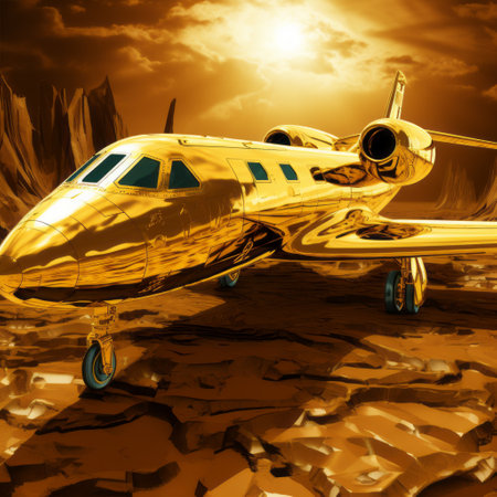 a gold and gold cartoon jet, inspired by the fallout style, showcased in a stunning 3d cgi art. the vibrant gold background adds a touch of elegance to this captivating image. ai generatedの素材