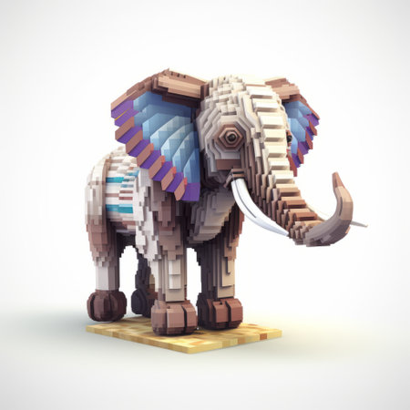 a pixelated blocky patterned elephant on a stand, showcasing a unique blend of realistic rendering, detailed concept art, and elements inspired by moche art. the artwork features a realistic usage of light and color, complemented by elaborate spacecrafts and adorable toy sculptures. the elephant is predominantly white and brown, creating a visually captivating composition. ai generatedの素材