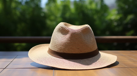 a handcrafted straw hat with a double tone effect is placed on a table. the hat is captured in a long distance and deep distance style, showcasing its intricate details. this high-resolution 32k uhd photograph, taken outdoors, features a light maroon and brown color palette. the scene is clean and streamlined, making the hat the focal point. ai generatedの素材