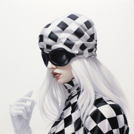 a black and white painting of a woman in a checkered outfit, inspired by the styles of oliver wetter, tomer hanuka, and petrina hicks. this whimsical artwork combines elements of optical op art and smooth curves, creating a blend of realism with a touch of expressionism. ai generatedの素材
