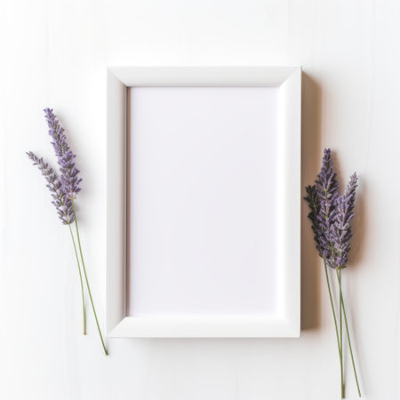a white acrylic frame showcases a beautiful arrangement of lavender flowers against a white background. the composition follows the style of classic still life artworks, with a touch of minimalistic symmetry. rendered in cinema4d, the image features muted and subtle tones, creating a nature-inspired installation. this captivating photo, reminiscent of the works of jean fouquet, has won a contest. ai generatedの素材