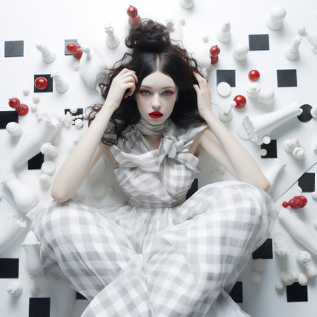 a woman in a white dress sits on embroidered chess pieces, creating a surreal fashion photography scene. the manga style, with its light black and red tones, adds a unique touch to the image. the chess pieces are made of plastic, giving a playful element to the composition. shot on 70mm, the scattered composition adds to the overall aesthetic of the photo. ai generatedの素材