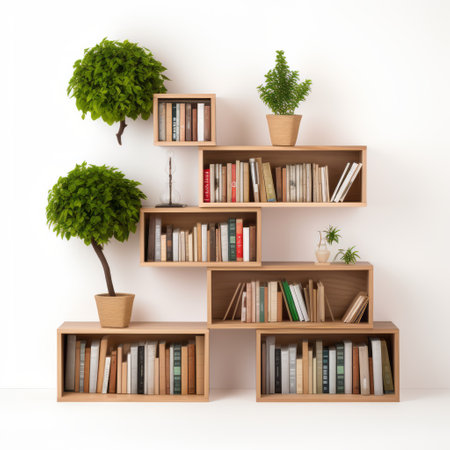 a 3d rendering showcases a library of books adorned with a potted plant, reflecting the essence of japanese contemporary style. the design embraces the concepts of collecting and modes of display, while highlighting eco-friendly craftsmanship. the composition features a harmonious blend of light brown and green hues, with asymmetric arrangements that create an organized chaos. the overall aesthetic exudes minimalist nature studies. ai generatedの素材