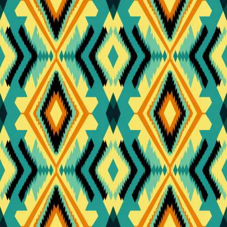 ethnic vector design by ewcf on spoonflower custom fabric featuring a dark yellow and teal color scheme. the design incorporates elements of light orange and dark black, with jagged edges and mosaic-like compositions. inspired by traditional mexican style and traditional balinese motifs, this design resembles a vibrant and intricate rug. ai generatedの素材