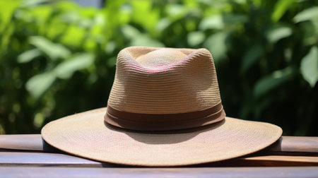 a hat sits on a wooden chair, surrounded by lush green plants. this high-quality photo captures the essence of a heatwave, with the clever use of light and shadow. the warm tones of light amber and pink add depth to the image. the back button focus technique ensures sharpness, while the multilayered texture creates a visually appealing composition in shades of brown and beige. aiの素材