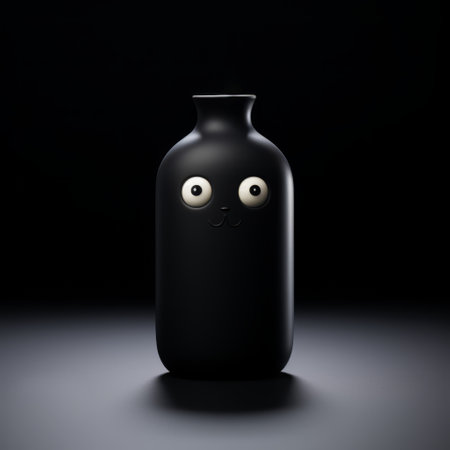 a black cat bottle with eyes and eyes on the lid, rendered in cinema4d, showcases japanese contemporary style with enigmatic characters. the matte photo highlights the rounded forms of this grotesque character. ai generatedの素材