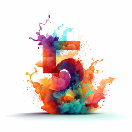 a colorful and surrealistic depiction of the number five, painted with vibrant hues on a clean white background. the image showcases a smokey and turbulent backdrop, adding an element of intrigue. with its expressive character design and subtle ink application, this artwork stands out as a contest winner. the composition evokes a sense of chemical reactions and captivates viewers with its unique style. ai generatedの素材