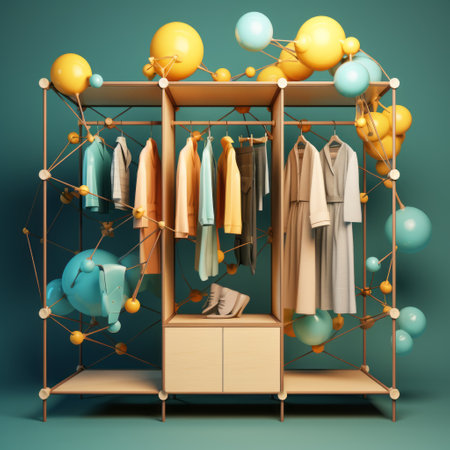 garments hanging on racks with balls in the middle, showcasing a futuristic retro style. the light turquoise and dark yellow colors create a vibrant and eye-catching display. this photorealistic still life captures an organized chaos, with a modular design and a festive atmosphere. the beige backdrop adds a touch of elegance to the overall composition. ai generatedの素材