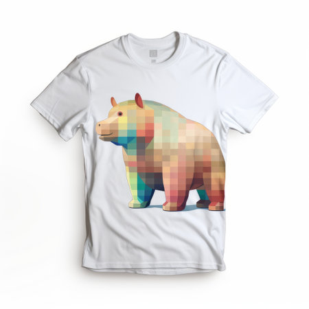 pixel bear tee shirt featuring an illusory hyperrealism style. the design showcases simple yet colorful illustrations with a uhd image quality. against a white background, the multi-layered color fields create a visually striking effect. made with mundane materials, this tee shirt captures the essence of wimmelbilder art. ai generatedの素材