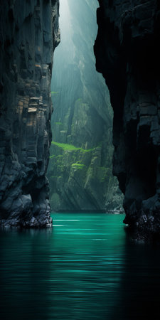 a cave in the middle of water, illuminated by sunlight, showcases a dreamy landscape in dark gray and emerald hues. this enchanting realm, reminiscent of gothic romanticism, is nestled within the terrain of northern china. the passage leads to a captivating scene, evoking the beauty of norwegian nature. ai generatedの素材