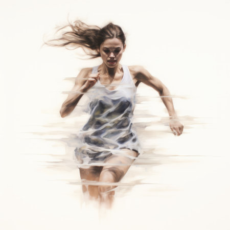 a woman in a white dress is captured in a stunning 8k photograph, running away from a bright light. this hyper-detailed portrait showcases a unique blend of wet-on-wet blending techniques, combining realistic and impressionistic colors. the undefined anatomy adds an intriguing touch to the overall composition, while the airbrush art and gestural markings enhance the dynamic energy of the image. ai generatedの素材