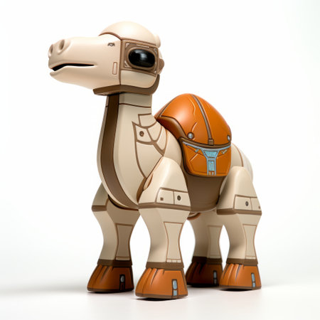 an alien camel, with toy-like proportions, is depicted in this hard surface modeling artwork. the camel is wearing a brown hat and carrying a rucksack, giving it a unique and whimsical appearance. the light white and orange colors, along with the technological symmetry, create a futuristic vibe. the artwork is inspired by the year 5001000 ce and features a low resolution, yet shiny finish. aiの素材