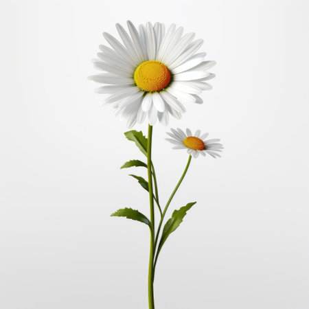 two daisy flowers, rendered in a realistic style, stand against a clean white background. this minimalistic image showcases the crisp graphic design of caras ionut, known for their distinctive character design and illustrations that explore psychological phenomena. ai generatedの素材