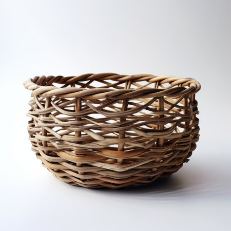 a wicker basket, in the style of ricoh gr iii, is showcased on a white background. this photo captures the essence of texture exploration and japanese minimalism. the twisted branches and smooth, curved lines add an artistic touch to this creative commons attribution image. ai generatedの素材