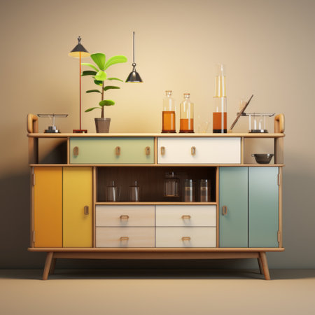 a 3d model of a dresser, showcasing a retro feel with a combination of light brown and light amber colors. inspired by colorful still lifes, this kitchen still life features a blend of natural and man-made elements. the scene exudes an organized chaos vibe, enhanced by mood lighting. ai generatedの素材