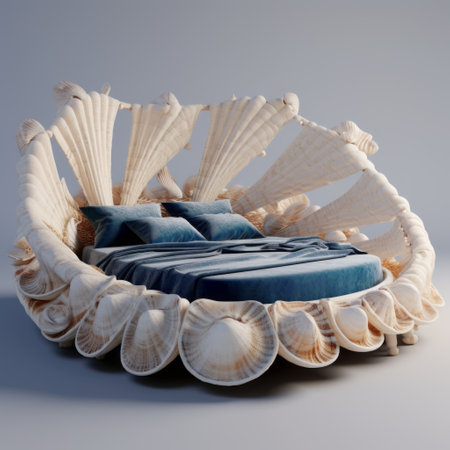a bed made from a shell with a blue cushion and pillows, featuring intricate compositions and intricate details in the style of vray tracing. this unique design by konstantinos parthenis, known as reefwave, showcases a dreamlike naturaleza with a symmetrical design. ai generatedの素材