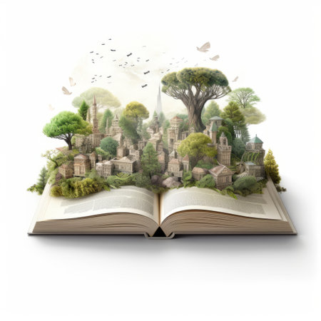 an open book showcasing a fantasy village concept with birds gracefully hovering above. the photograph captures the naturalistic cityscape style, featuring meticulously detailed portraits and sculpted foliage. the isolated landscape is reminiscent of a national geographic photo, with clear edge definition. ai generatedの素材