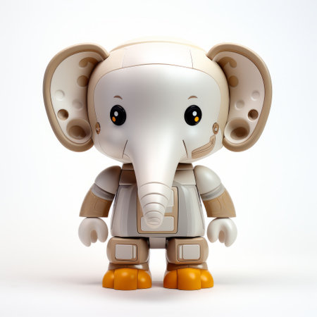 a white elephant figurine with orange and white shoes, showcasing the artistic style of mechanized precision. this unique creation by patrick brown combines dark beige and light beige tones, inspired by the works of gene luen yang. captured using a rollei prego 90 camera, the intricate details of this sculpture, rendered in maya, are a testament to the talent of elly smallwood. ai generatedの素材