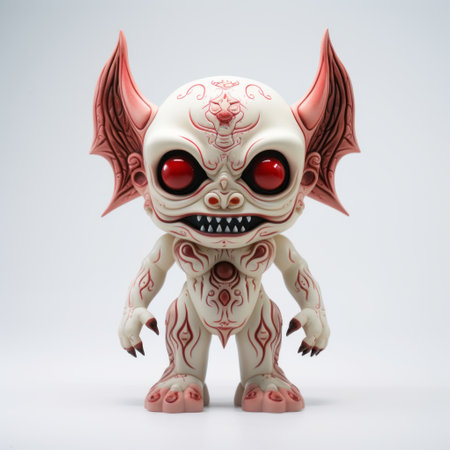a white figure with red eyes and bat wings, featuring intricately detailed patterns in light pink and light bronze colors. this artwork showcases the unique style of toyism, with a strong emphasis on character design. the image is captured in 8k resolution and has a hauntingly beautiful aesthetic, reminiscent of the zombiecore genre. the use of lith printing adds depth and texture to the overallの素材