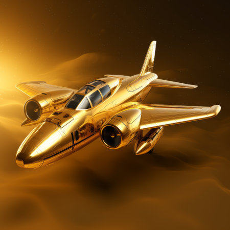 a gold cartoon jet inspired by fallout, depicted in 3d cgi art, stands out against a striking gold background. this unique artwork showcases the fusion of retro-futuristic design and a luxurious color palette, creating a visually captivating piece. ai generatedの素材