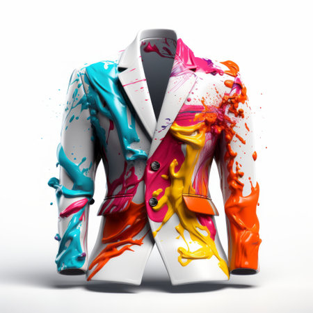 a painting jacket on a suit, featuring a color splash style with bold color combinations. this 3d artwork showcases crossed colors and conceptual art elements. set against a white background, this interactive piece is a visually striking and unique addition to any art collection. ai generatedの素材