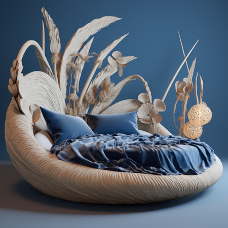 two pillows, crafted with natural fibers, rest on a large circular bed. rendered in cinema4d, the art nouveau-inspired design showcases asymmetrical compositions and a nature-inspired theme. the azure color palette adds a touch of tranquility, while the pillows are made of delicate flowers, highlighting the use of natural materials. ai generatedの素材