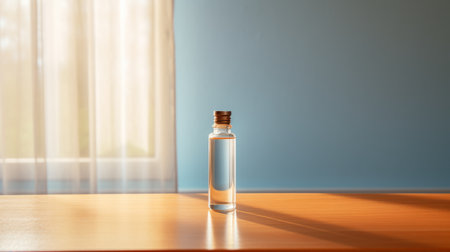 a glass bottle sits on a wooden table, surrounded by minimalist light sky-blue and light gray tones. the photo, captured with a 35mm lens, showcases realistic attention to detail through vray tracing and photo-realistic techniques. the composition exudes a drugcore aesthetic, making it a visually captivating image. ai generatedの素材