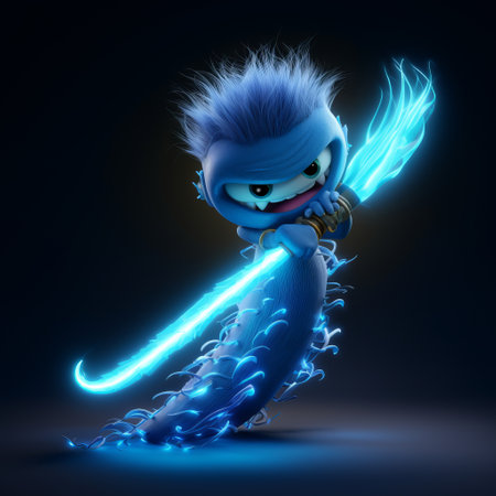 a cartoon monster with blue hair and glowing eyes, inspired by the style of fenghua zhong, is depicted in this artwork. the use of light and shadow creates a captivating effect, while the detailed rendering of feathers adds depth to the image. created by artists ben wooten and miki asai, this full-body illustration features dynamic zigzag patterns. ai generatedの素材