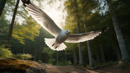 a bird gracefully soars through a misty forest on a serene day, captured with lens flares for a unique touch. this evocative environmental portrait showcases the beauty of norwegian nature, with sculpted details and hyperrealistic photorealism. the tokina at-x 11-16mm f/2.8 pro dx ii lens adds depth to the luminous play of light and shadow in this captivating image. ai generatedの素材