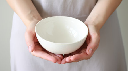 a person holding a white bowl in their hands, showcasing the japanese minimalism style. this 32k uhd photograph captures the thick texture of the bowl, emphasizing its realistic detailing. the use of fabric adds a touch of elegance, while the dotted pattern adds visual interest. shot with the tokina opera 50mm f/1.4 ff lens. ai generatedの素材