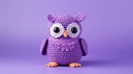 crocheted owl on a purple background, featuring an ominous vibe. this animal figurine showcases a pastel color scheme, creating a unique and expressive character design. the uhd image captures the intricate details of this crochet artwork by patricia piccinini. shot with a konica big mini, this photograph beautifully merges artistry and photography. ai generatedの素材