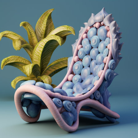 a blue and purple chair with organic biomorphic forms is showcased on a white background. this unique piece, created using zbrush, features sharp and prickly details reminiscent of tropical baroque style. the intricate nature depictions and the juxtaposition of objects make this chair a captivating addition to any space. explore this stunning creation on sketchfab. ai generatedの素材