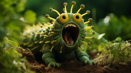 caterpillar in the grass, sitting on leaves, captured in a hyper-realistic sci-fi style. the photo showcases spiky mounds and comical choreography, reminiscent of grotesque caricatures. this national geographic photo captures the soggy yet explosive wildlife in a unique and captivating way. ai generatedの素材