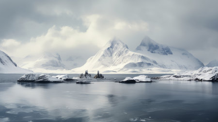 explorer alan watson is captured in a surreal collage landscape as he ventures towards the antarctic on april 14th. the photo, taken by lisa holloway, showcases moody tonalism with a combination of light gray and light amber hues. the sony fe 12-24mm f2.8 gm lens captures the fantastical ruins amidst the breathtaking mountainous vistas. ai generatedの素材
