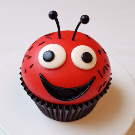 ladybug cupcake picture by caked on featuring dynamic and exaggerated facial expressions. the cupcake has toy-like proportions and is predominantly light red and red in color. it is creatively made using insects, ready-made objects, and imitated materials. the overall design showcases vibrant primary colors. ai generatedの素材