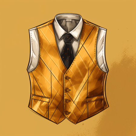 a yellow vest with a tie, featuring a golden palette and intricate shading. this digital illustration showcases a blend of dark bronze and gold tones, creating a captivating visual. the linear illustrations add a touch of elegance, while the overall style exudes a cabincore vibe. the artwork has been beautifully rendered with watercolor techniques. ai generatedの素材