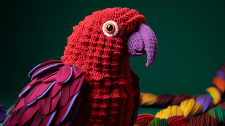 a knitted parrot, crafted with dark magenta and crimson yarn, is suspended from a tree against a vibrant green backdrop. this close-up photograph showcases the intricate details of the knitted creation, which was rendered using cinema4d. the image captures the artistry of object portraiture, carpetpunk aesthetics, and organic sculpting techniques. shot with a ricoh gr iii camera. ai generatedの素材