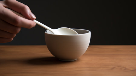 a hand pours liquid from a spoon into a cup, showcasing minimalist ceramics. this photo captures the essence of photo-realistic compositions and japanese minimalism. created using zbrush, it is available under the creative commons attribution license. the image showcases the beauty of restored and repurposed objects, with a touch of traditional chinese influence. ai generatedの素材