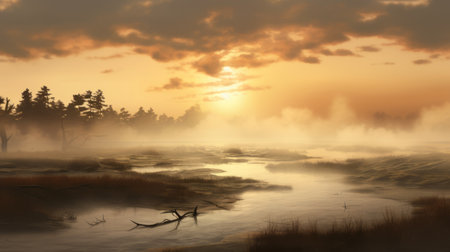 a foggy field captured in a hyperrealistic rendering style, showcasing romantic riverscapes. the image features a mesmerizing blend of light orange and dark amber hues, creating a captivating atmosphere. with highly detailed environments, this artwork by win aaltonen, rendered in maya, transports viewers to epic landscapes. ai generatedの素材