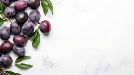 dark purple grapes arranged in a minimalist style on a white marble surface. the arrangement features a combination of red and green grapes, creating a visually appealing contrast. this photo captures the essence of felinecore, quantumpunk, and environmental awareness. ai generatedの素材