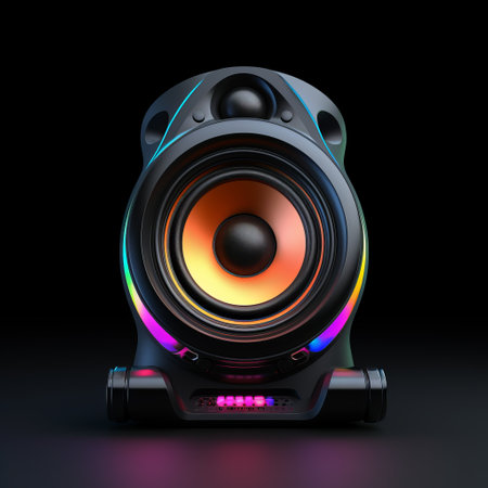 an electronic speaker sits atop a table, exuding a vibrant and playful aura with its glowing colors. the black background enhances the hyper-realistic oil effect, creating a luxurious texture. captured from a low-angle perspective, this photo embodies the essence of sanriocore with its colorful and whimsical aesthetic. ai generatedの素材