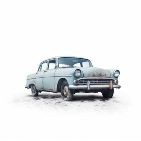 vintage car in the snow, captured in a stock image. the car stands out against a white background, with a color palette of light blue and gray. the image has a creased, crinkled, and wrinkled effect, giving it an old-fashioned feel. created by nadav kander, the photorealistic rendering showcases a mix of light azure and dark amber tones, creating an uncanny and eerie atmosphere. aiの素材