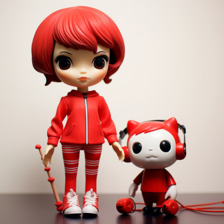 a doll wearing red, inspired by anime characters, is captured in this playful still-life photograph. shot on rollei retro 400s film, the image showcases a catcore aesthetic with warm tones and a robotic theme. the composition features a playful use of lines, adding to the overall charm of the picture. ai generatedの素材