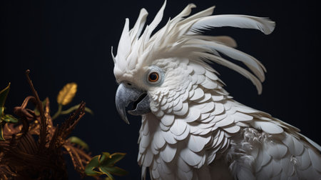 white cockatoo in the sky, captured with a nikon d850 in a studio portraiture style. this uhd image showcases the organic sculptures of the bird, surrounded by highly detailed foliage. with a renaissance-inspired chiaroscuro effect, this national geographic photo beautifully captures the majestic presence of the white cockatoo. ai generatedの素材