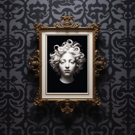 a modern art frame showcases a hair statue of venus, inspired by the baroque style with ornate and dramatic compositions. the dark and moody vignettes create a trompe-l'oeil effect, while gothic references add depth to the monochromatic white figures. this studio portrait captivates with its eye-catching composition. ai generatedの素材