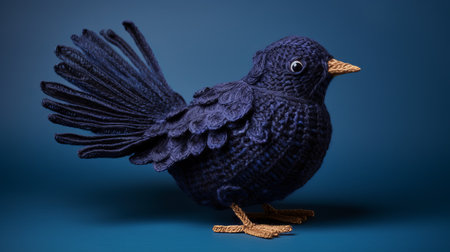 a knit bird with a beak is hung up on a blue background. this dark and brooding designer style showcases highly detailed figures in tabletop photography. the cranberrycore and quito school influences are evident in this close-up shot of the knitted and crocheted bird. ai generatedの素材