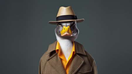 a geese wearing a hat and trenchcoat, captured in a photorealistic portrait style. the dark, white, and yellow tones add depth to the image. this eccentric character draws inspiration from celebrity and pop culture references, showcasing a unique algeapunk aesthetic. the image is uniformly staged, shot with a minolta riva mini camera, resulting in a visually striking composition. ai generatedの素材