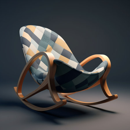 a rocking chair with a pattern is showcased in this photo, rendered in the style of cinema4d. the chair features a combination of light indigo and amber colors, adorned with irregular curvilinear forms. the design is inspired by neo-constructivism and is complemented by color-blocked textiles. this captivating piece can be explored on sketchfab and was captured using a leica r3 camera. ai generatedの素材