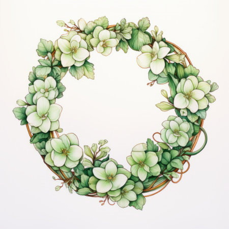 an intricate and delicate ivy wreath with green leaves is showcased on a white background. the wreath is reminiscent of beautiful flower and garden paintings, featuring applecore, light gold, and light emerald hues. the design incorporates bentwood elements, creating a juxtaposition of hard and soft lines. cherry blossoms add a touch of elegance to the monochromatic color scheme. ai generatedの素材