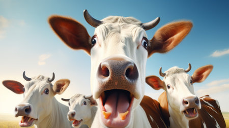 cows grazing in a picturesque blue sky farm, showcasing dynamic and exaggerated facial expressions. created using cinema4d, the artwork features a captivating blend of dark white and light orange tones, resulting in a photo-realistic hyperbole. the lively facial expressions of the playful characters are highlighted through selective focus. ai generatedの素材